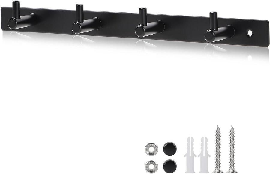 Allecto Plus Zwarte Haaklijst voor Garderobe met 4 Haken van Roestvrij Staal - Foto 2
