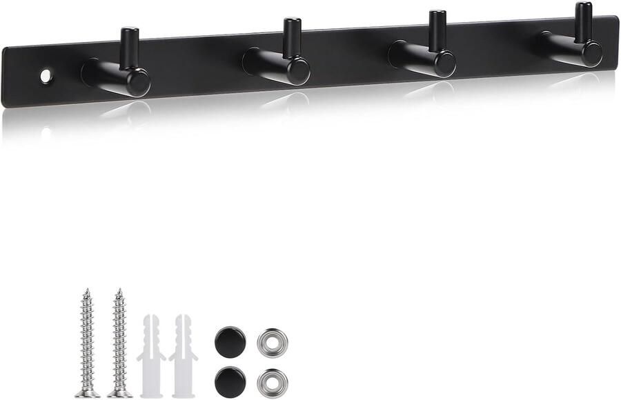 Allecto Plus Zwarte Haaklijst voor Garderobe met 4 Haken van Roestvrij Staal