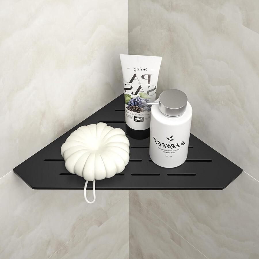 Allecto plus Zwarte Hoekdoucheplank van 304 Roestvrij Staal 254 mm Verzonken Hoekplank voor Badkameropslag. Ideaal Betegelde Wandplank Vrijstaand Rek Geen Boorgat Nodig. Eén stuk