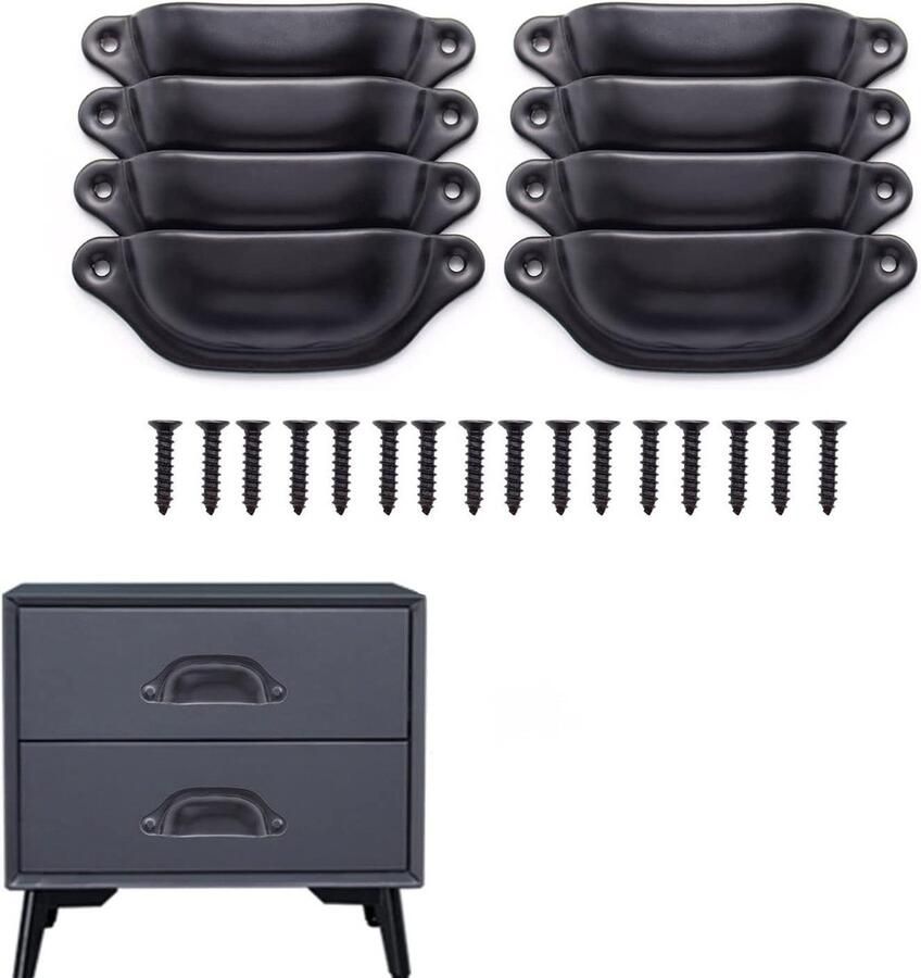 Allecto Plus Zwarte IJzeren Half Moon Shell Cup Pull Handgrepen Set van 8 Stuks Inclusief Installatie Kit Voor Laden en Kasten