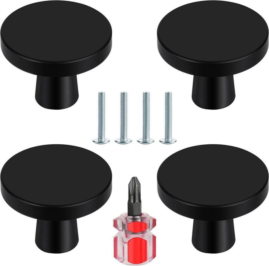 Allecto Plus Zwarte kastknoppen 30 mm Set van 4 Aluminiumlegering Met schroeven Keukenkasten Badkamer Woondecoratie