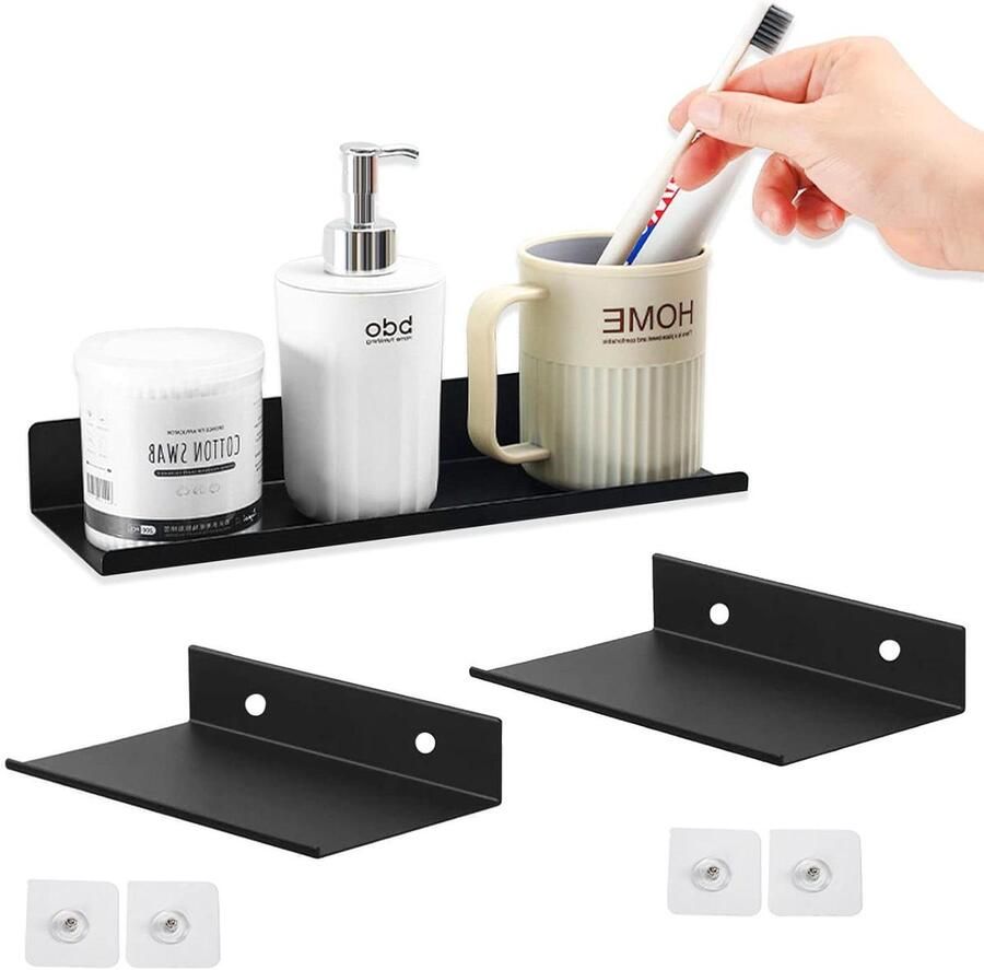 Allecto Plus Zwarte Metalen Drijvende Plank Set Muurdecoratie voor Badkamer Keuken en Woonkamer Stalen Wandplanken 20 cm Breed Set van 2 Stuks Perfect voor Slaapkamer en Kantoor Decoratieve Planken