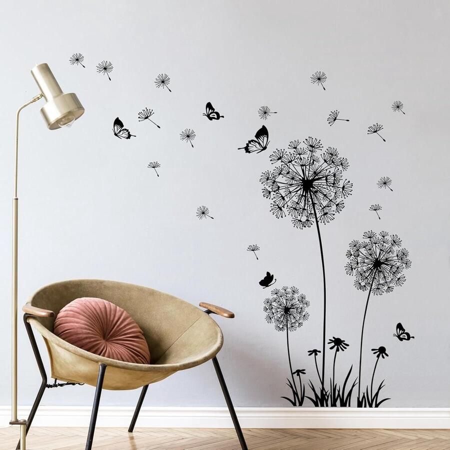 Allecto Plus Zwarte Paardenbloem Muursticker met Vlinders voor Woonkamer en Slaapkamer Muurdecoratie voor Kantoor en Huis Achtergrond Decoratie voor Bank Wanddecoratie met Bloemen Stijlvolle Muur Sticker in Zwart Design
