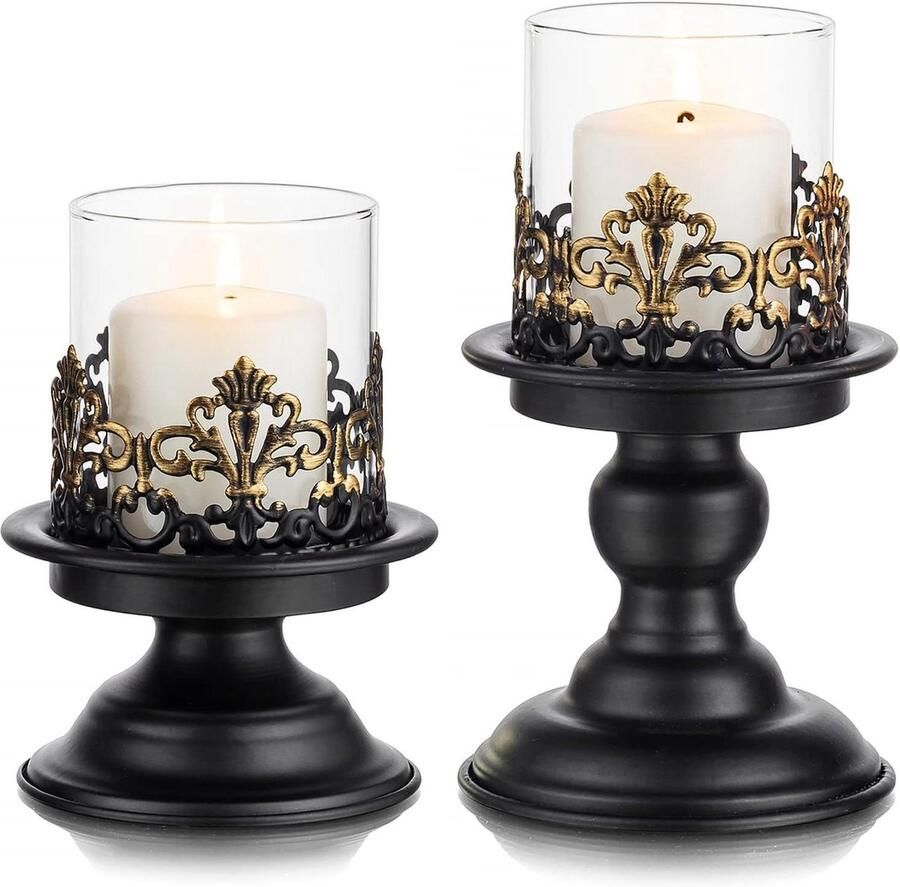 Allecto Plus Zwarte Pijler Kaarshouder Set voor Tafels Gotische Kandelaar Rustiek Glas Decoratie voor Open Haard Diner Bureau 78 karakters