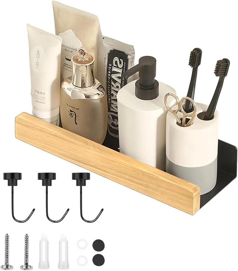 Allecto Plus Zwarte wandplank voor badkamer met magneethaak en horizontaal afvoergat 30 cm Douchegelhouder Boren Werkkamer badkamer slaapkamer