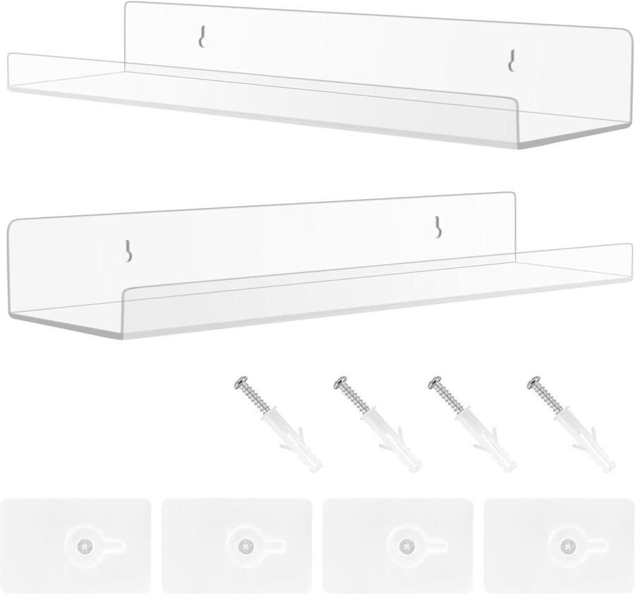 Allecto Plus Zwevend Acryl Wandrek Set Zonder Boren voor Badkamer en Woonkamer Industriële Decoratie Kruidenrek Boekenrek Fotolijst Multifunctioneel Wandrek met 2 Delen