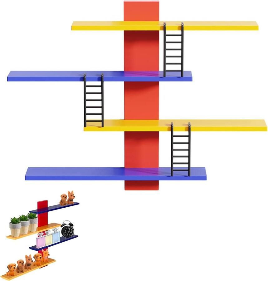 Allecto plus Zwevend wandrek met 4 niveaus en verstelbare planken decoratief wandplanken rek zonder gaten