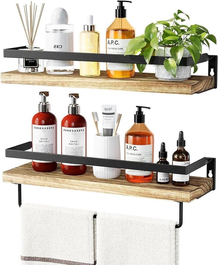 Allecto Plus Zwevend wandrek van 40 cm hout Set van 2 Rustieke wandhouder voor keuken en badkamer Opbergrek voor shampoo en parfum