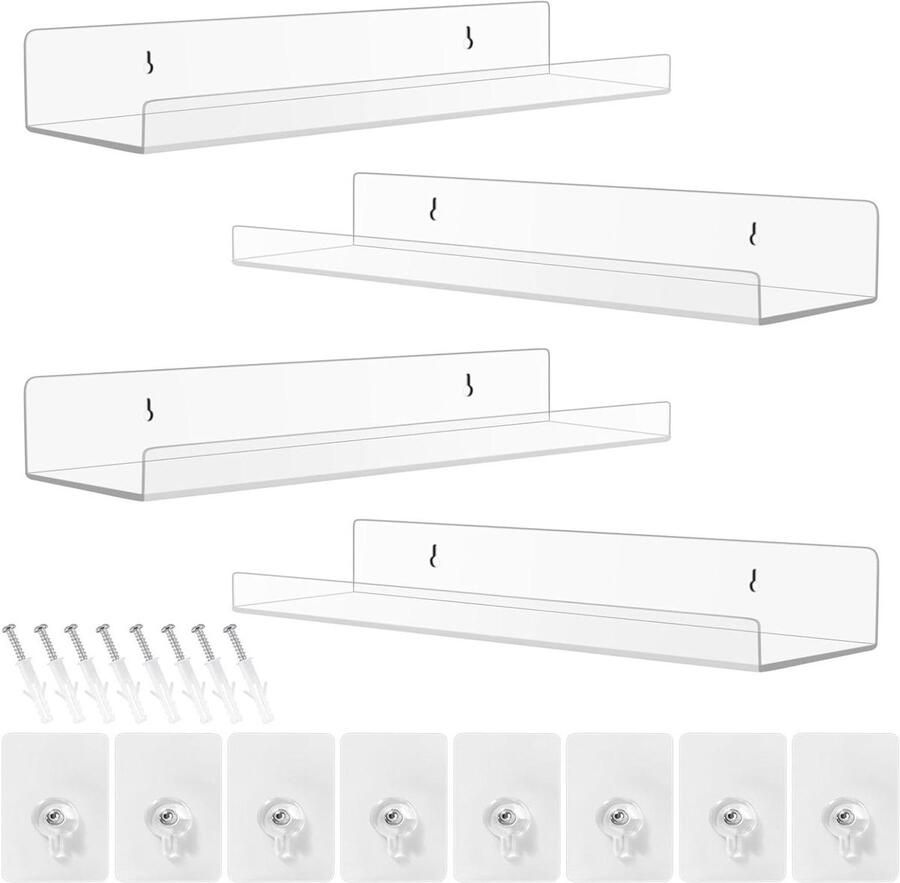 Allecto Plus Zwevend Wandrek Zonder Boren voor Badkamer en Woonkamer Industriële Decoratie met Kruidenrek en Boekenrek Fotolijst Acryl 2-Delige Set Eenvoudige Installatie Veelzijdig Gebruik