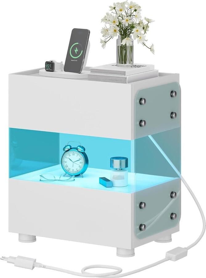 Allecto Plus Zwevend wit nachtkastje met 2 laden en 7-kleurige led-verlichting voor slaapkamer en woonkamer