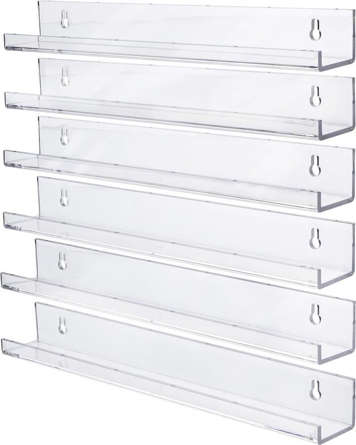 Allecto Plus Zwevende Acryl Boekenplank (6 Stuks) voor Woonkamer Keuken Badkamer & Kantoor Decoratieve Opslag en Display Oplossing met Doorzichtige Muurmontage