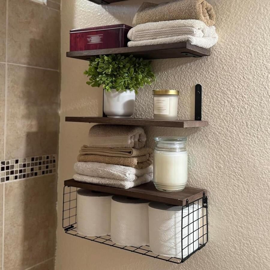 Allecto Plus Zwevende houten planken 40 cm met draadopbergmand Rustieke donkere wandplanken voor badkamer keuken slaapkamer Opbergoplossing voor woonruimte