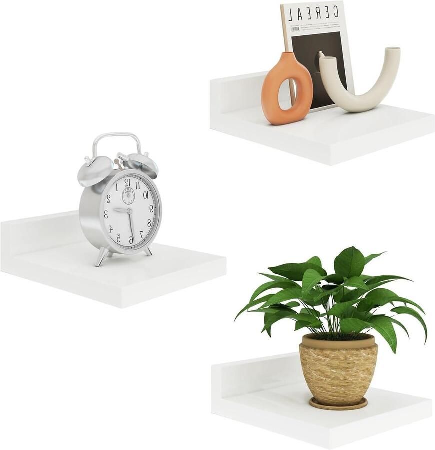 Allecto Plus Zwevende houten wandplanken set van 3 Wit Voor slaapkamer badkamer keuken