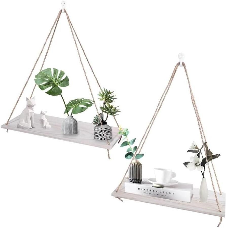 Allecto Plus Zwevende Muurplank Set van 2 voor Planten Moderne Houten Wandplanken met Haken en Touw Decoratief Muurrek voor Bloempotten Natuurlijke Kleur