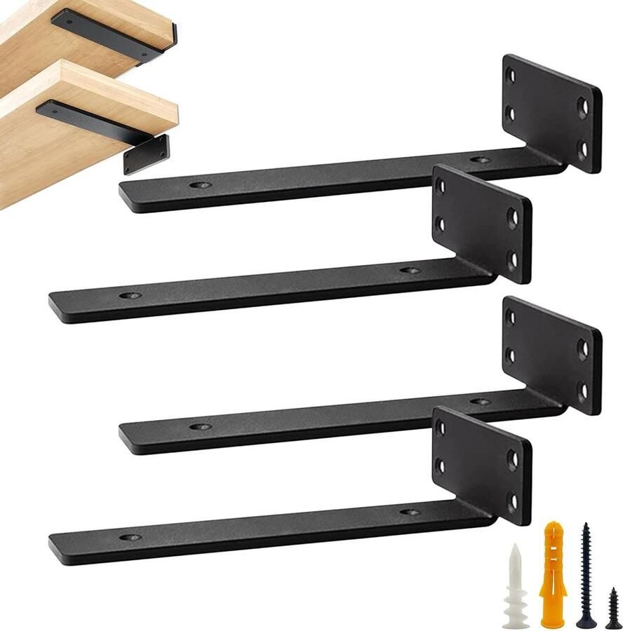 Allecto Plus Zwevende plankbeugels 4 stuks Houten plankbeugels voor zware belasting Geïntegreerde L zwarte beugels voor potplanten Voor thuis en kantoor Draagvermogen: 70 kg 25 cm Verborgen montage Stijlvol en functioneel