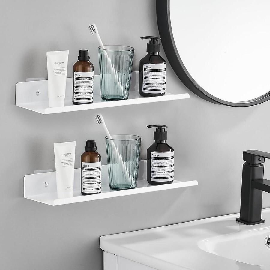 Allecto Plus Zwevende planken set van 2 wit metaal 10cm diep x 30cm breed voor keuken badkamer kantoor