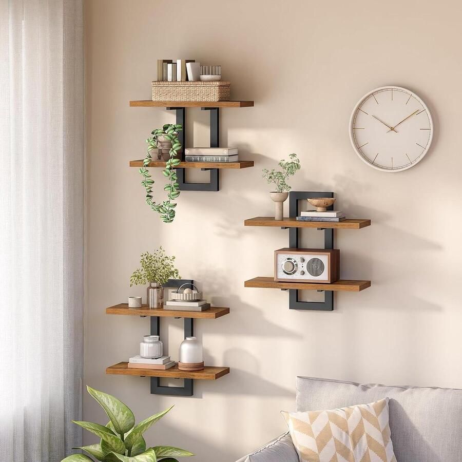 Allecto Plus Zwevende planken set van 3 wandplanken voor badkamer en keuken 35 cm 2-laags Rustiek bruin en zwart