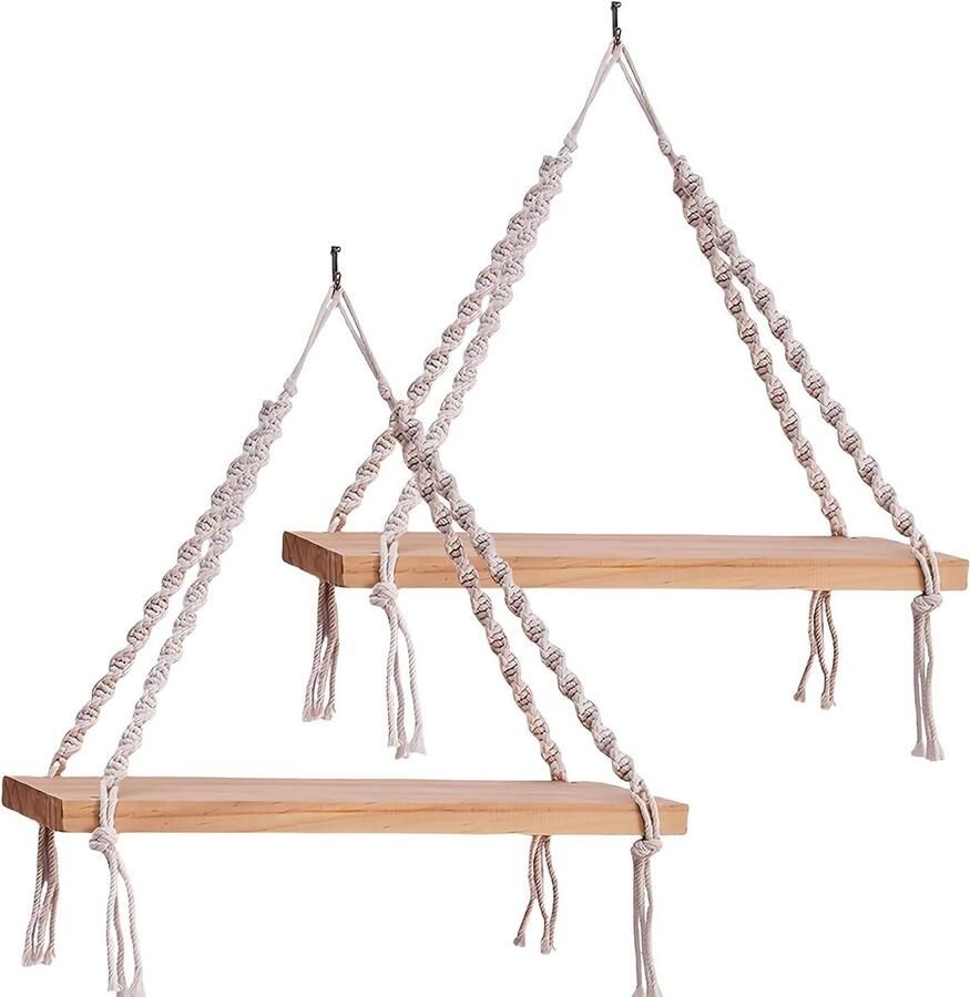 Allecto Plus Zwevende Plantenrek Wandplanken Set van 2 voor Balkon Badkamer en Woonkamer Houten Hangrek zonder Boren met Macramé Design