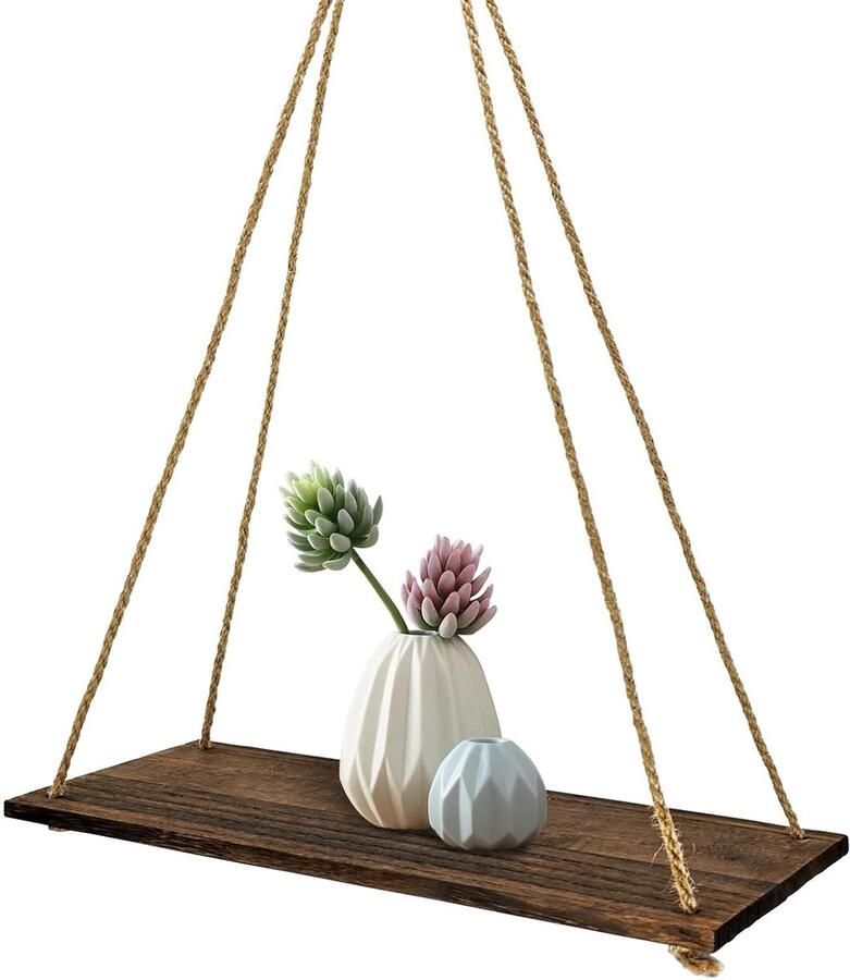 Inovra Zwevende Planken 35 x 4 x 1 cm Rustiek Houten Rek met Schommeltouw voor Badkamer en Keuken . Wandrek