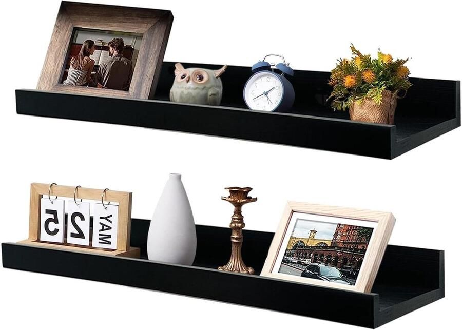 Allecto plus Zwevende wandplanken set van 2 Houten wandgemonteerde planken voor slaapkamer keuken kantoor woonkamer Fotolijsten Moderne decoratieve planken Eenvoudig te monteren Zwart 40 cm
