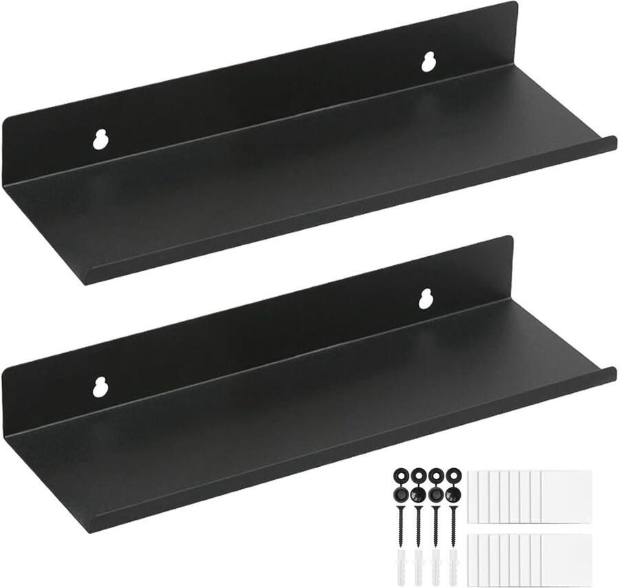Allecto Plus Zwevende wandplanken set van 2 stuks 30 cm zwart Wandmontage met schroeven en zelfklevende stickers Metalen planken voor slaapkamer woonkamer kantoor en keuken