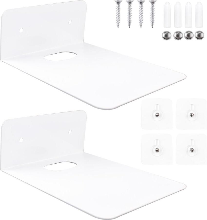 Allecto plus Zwevende wandplanken set van 2 witte metalen planken voor badkamer slaapkamer woonkamer en keuken Zelfklevende displayranden Geen boren nodig Decoratieve opbergplanken