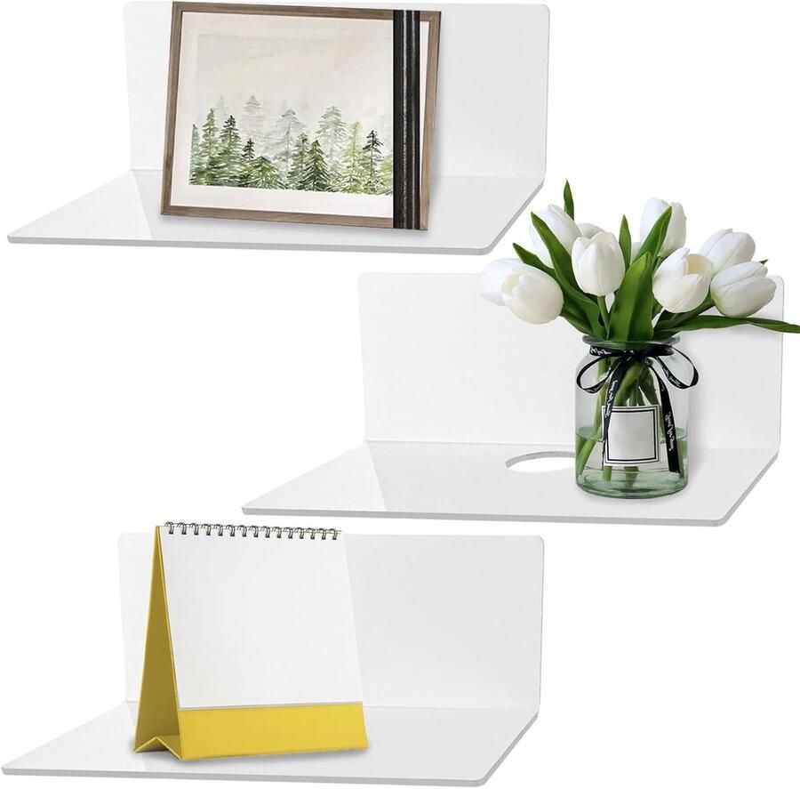 Allecto Plus Zwevende Wandplanken Set wit 23 x 9 cm Draadgat Slaapkamer Keuken Badkamer Pakket van 3