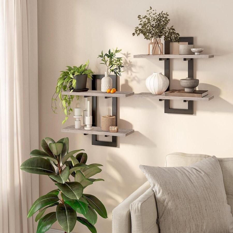 Allecto Plus Zwevende wandplanken voor keuken en woonkamer 2-laags wandrek badkamerplanken greige en zwart opbergoplossing
