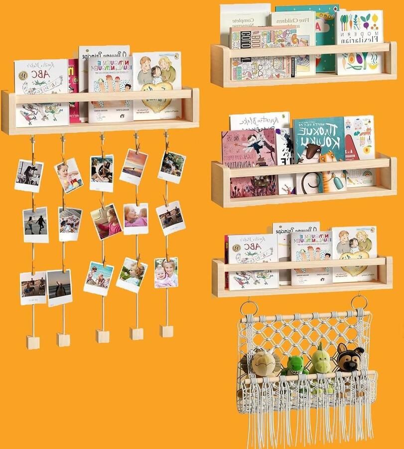 Allecto plus Zwevende wandplanken voor kinderkamer met dierennet en fotohangers. Houten hangende opbergmeubels speelgoed