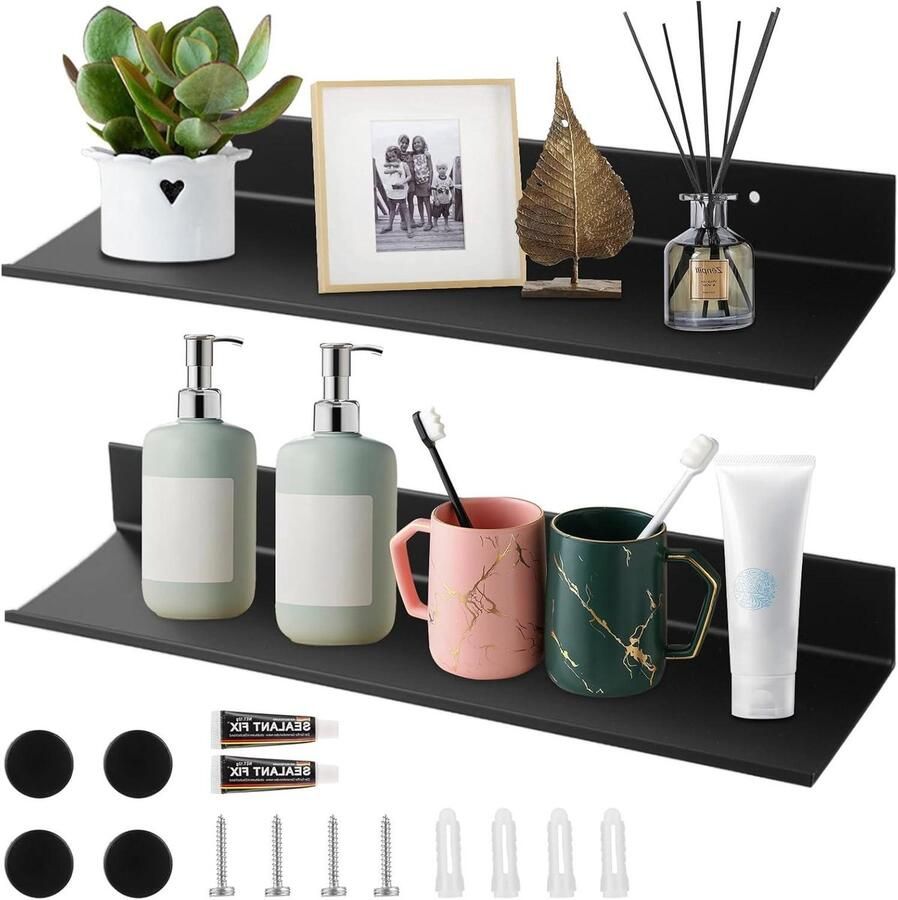 Allecto Plus Zwevende wandrekken set van 2 Zwart Voor wandmontage Decoratieve fotolijst planken Badkamerorganizer Afmetingen: 40 x 12 x 4 cm