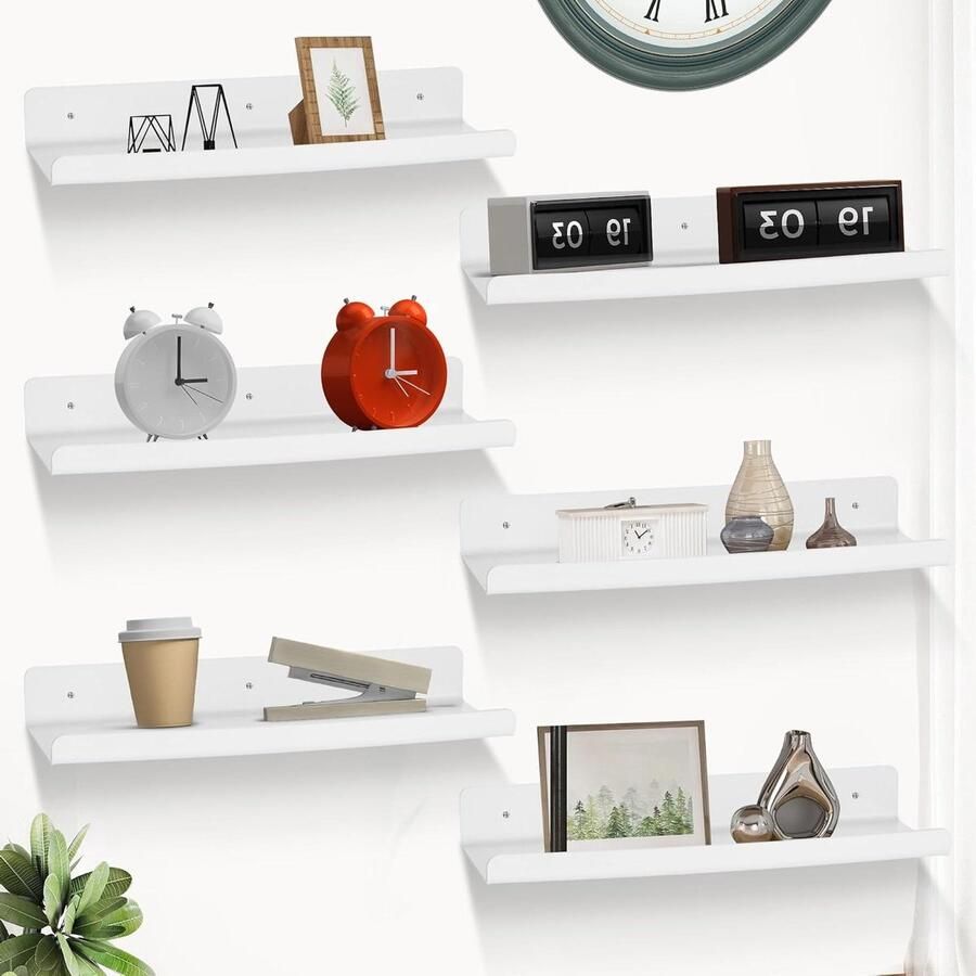 Allecto Plus Zwevende witte plastic planken voor muurdecoratie Set van 6 stuks 30 cm Boekenkast & vinyl platendisplay Foto's in slaapkamer woonkamer badkamer Keukenopslag