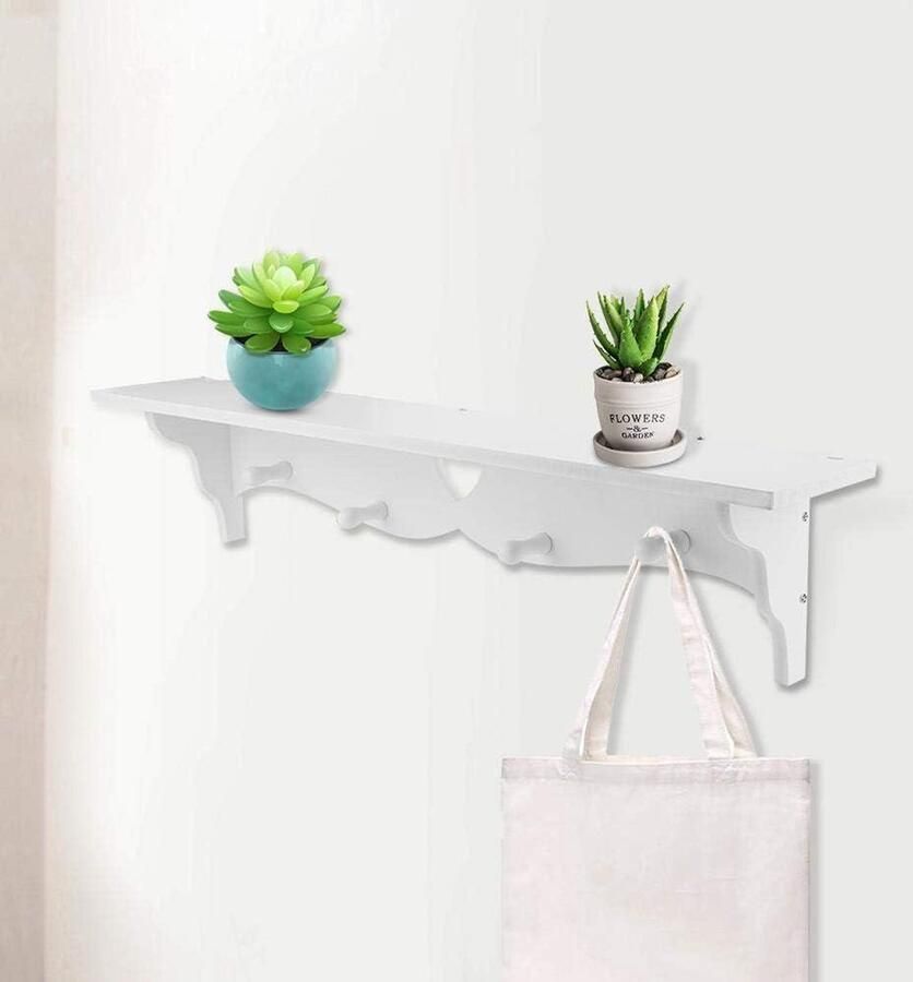 Allecto Plus Zwevende witte wandplank met gesneden planken voor keuken en slaapkamer Wanddecoratie kledinghaken Stijlvolle woonkamerinrichting