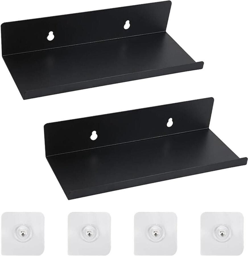 Allecto Plus Zwevende Zelfklevende Wandplanken 2 Stuks voor Badkamer en Keuken Metaal Draagkracht 10 kg 20 x 10 x 4 cm