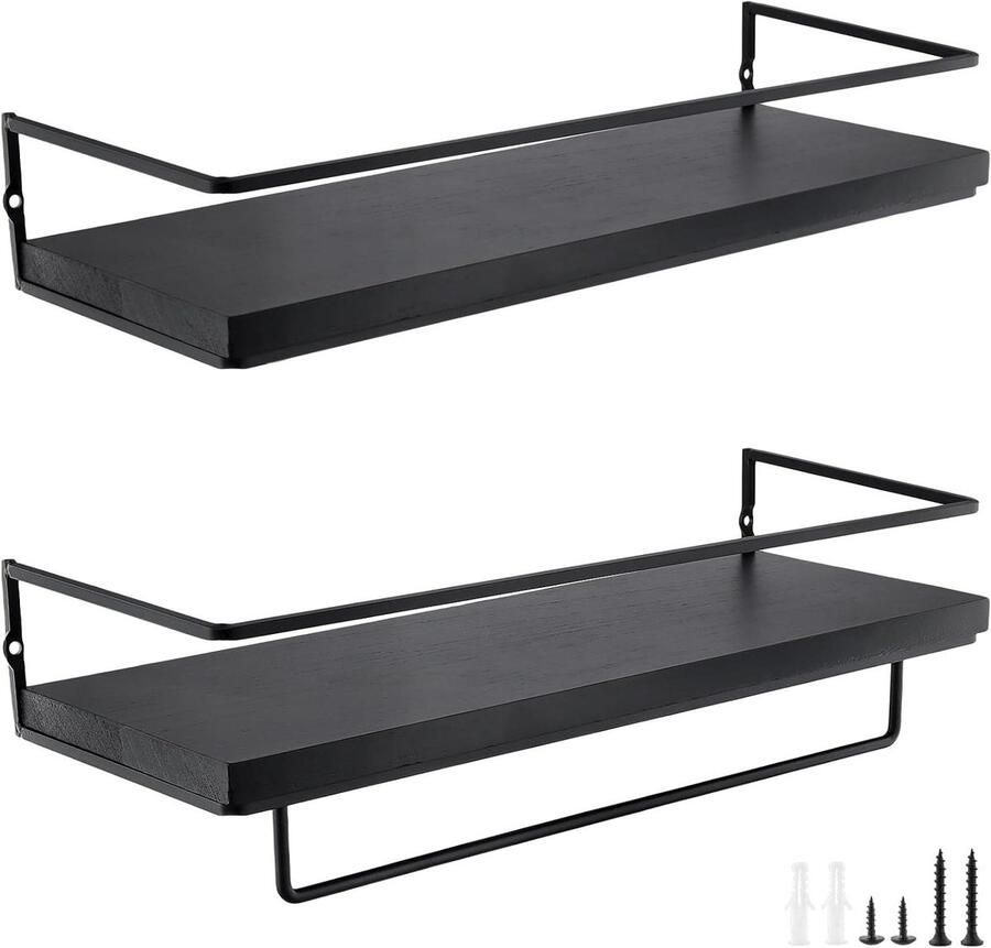 Allecto Plus Zwevende Zwart Houten Wandplanken Voor Slaapkamer Keuken en Badkamer Set van 2 Stuks