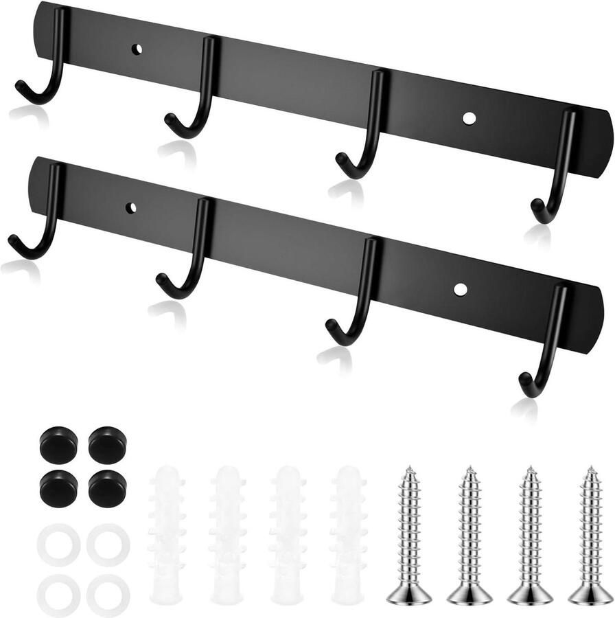 Allecto Premium 2 Stuks Zwarte RVS Wandkapstok met 4 Haken voor Jassen en Hoeden Kledinghaak Keukenkapstok Kledinghaak Dressoirkapstok