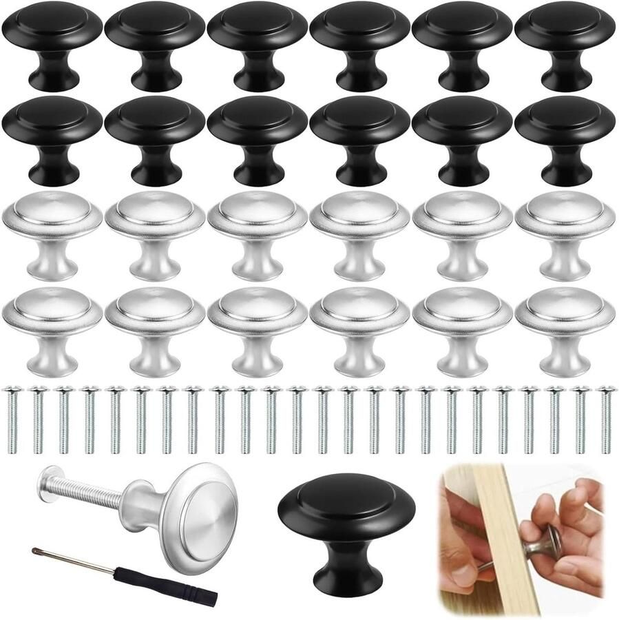 Allecto Premium 24 stuks meubelknoppen zwart zilver 27 mm enkel gat roestvrijstalen knoppen voor kasten inclusief schroevendraaier ronde kastgrepen voor deuren en lades