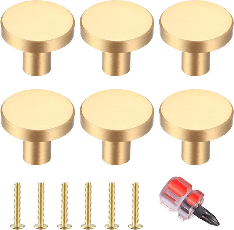Allecto Premium 6 stuks ronde kastknoppen goudkleurig Set van ladeknoppen en deurkeukenbeslag Roestvrijstalen handgreep Voor kledingkast Inclusief schroeven
