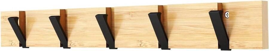 Bamboo Wall Mounted Coat Hanger 20kg Maximum Hanging Weight Black Foldable Hook Type Natural 70mm Space Between Hooks (5 Hooks)
