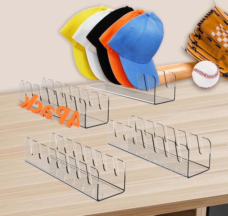 Allecto Premium Baseball Caps Opbergoplossing voor 20 Hoeden 4 Pack 36 cm Lang Muur en Deurkast Ophangsysteem