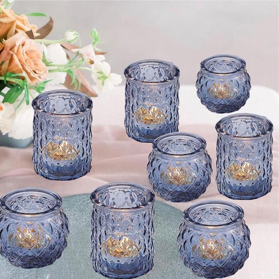 Allecto Premium Blauwe Votief Kandelaars Set van 12 Bruiloft Tafel Decoratie Glazen Kaarsenhouders Feestelijke Woondecoratie