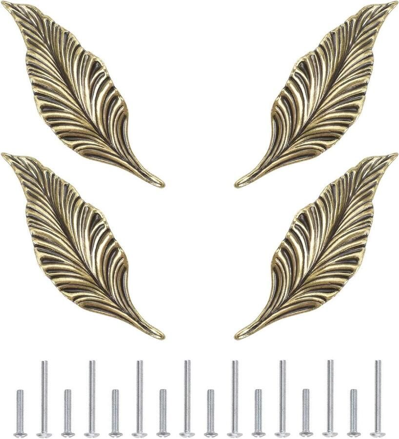 Allecto Premium Bronzen Lange Bladvorm Ladeknoppen 4 stuks Vintage Handvat Hardware voor Garderobe Kast Decoratief en Stevig