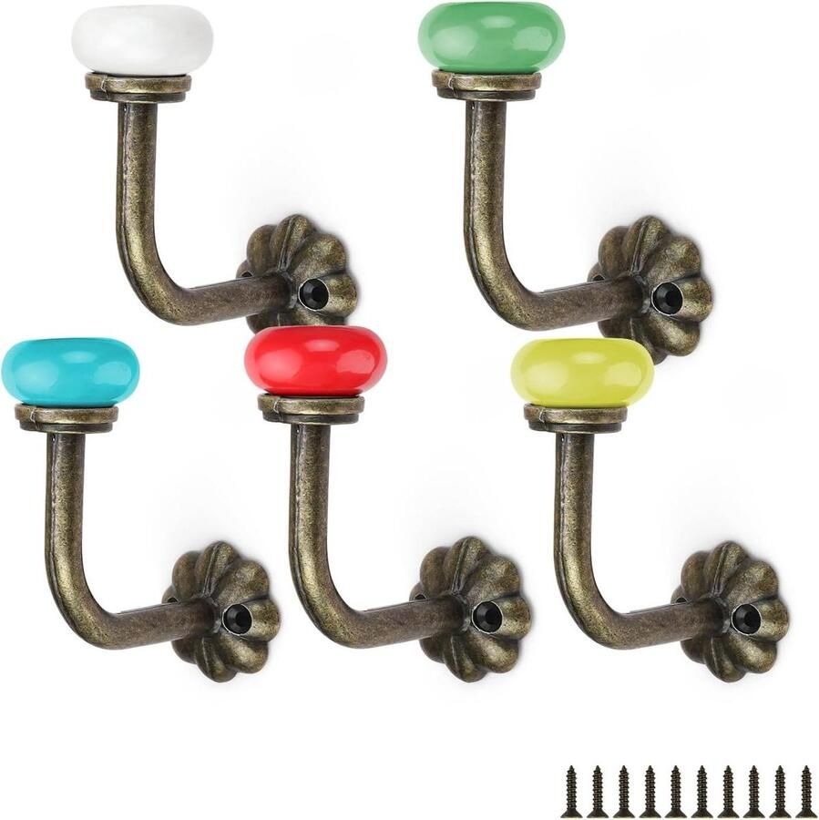 Allecto Premium Decoratieve Kledinghaken Set van 5 Stuks in 5 Kleuren Vintage Kapstokken van Keramiek en Zinklegering met Schroeven Garderobehaken voor Kleding en Hoeden