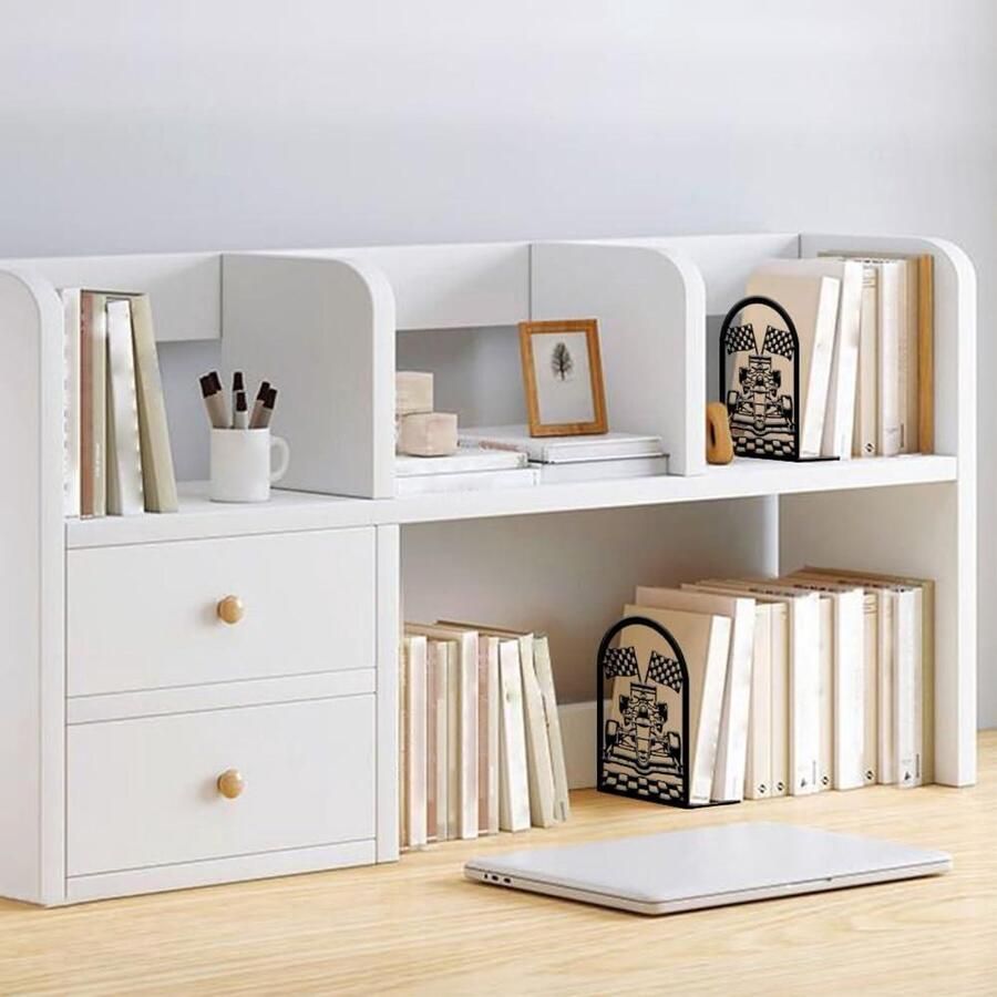 Allecto Premium Decoratieve metalen boekensteunen voor zware boeken raceauto design zwart bureau- en kantooraccessoire