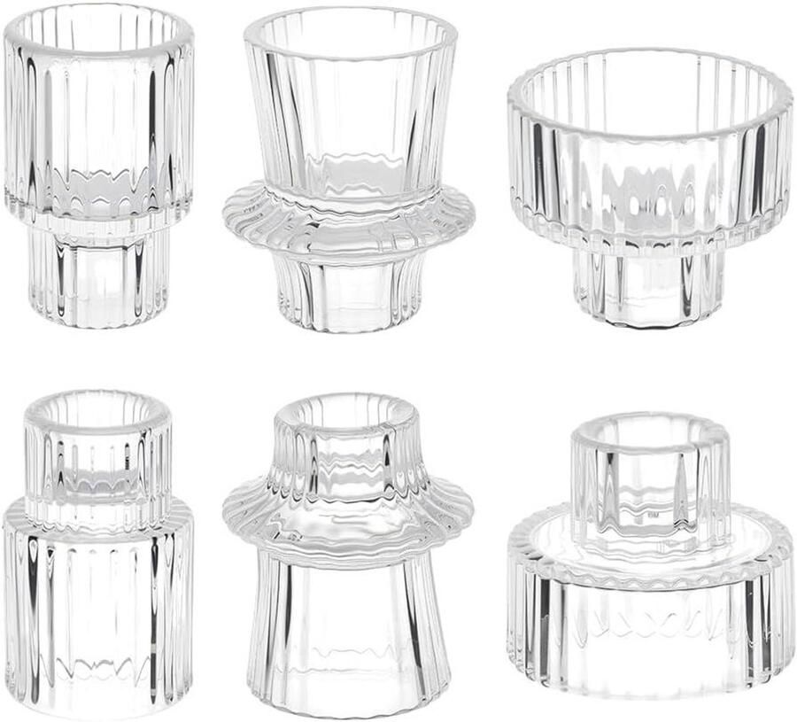 Allecto Premium Geribbelde Glazen Kaarsenhouders Set van 6 voor Tafel Middenstuk Bruiloft Diner