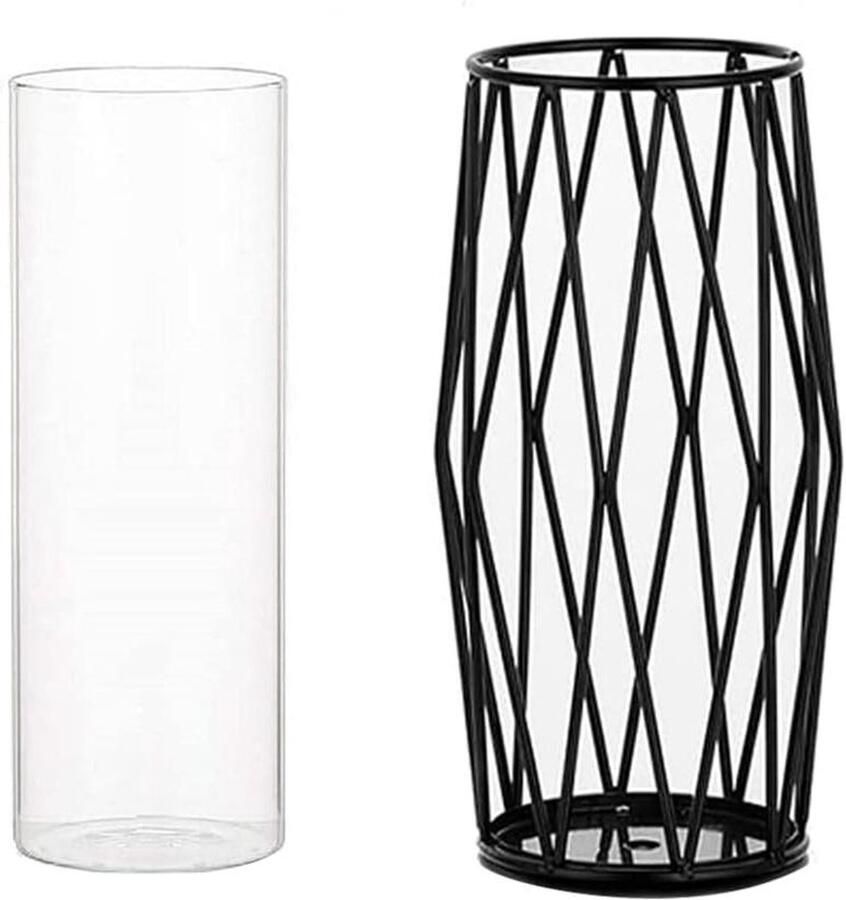 Allecto Premium Glas Vaas met Geometrische Metalen Stand Moderne Stijlvolle Bloemenvaas voor Pampasgras en Bloemen Ideaal voor Woonkamer Eettafel Bruiloftsdecoratie Zwart 22cm