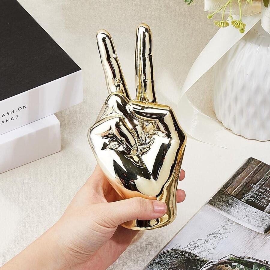 Allecto Premium Gouden handsculptuur Vredesteken Decoratie Moderne Overwinningshond Standbeeld Hars Plankdecoratie Ring Display Standaard voor Thuis Kantoor Bureau Woonkamer Kastrek