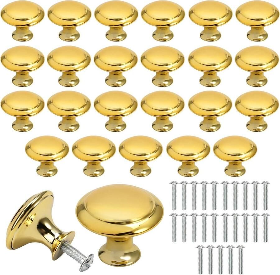 Allecto Premium Gouden Ladeknoppen Set van 25 Roestvrij Staal 27mm Meubelknoppen voor Lade en Kast Inclusief Schroeven Meubels Keukenkastjes Garderobe Luxe Design