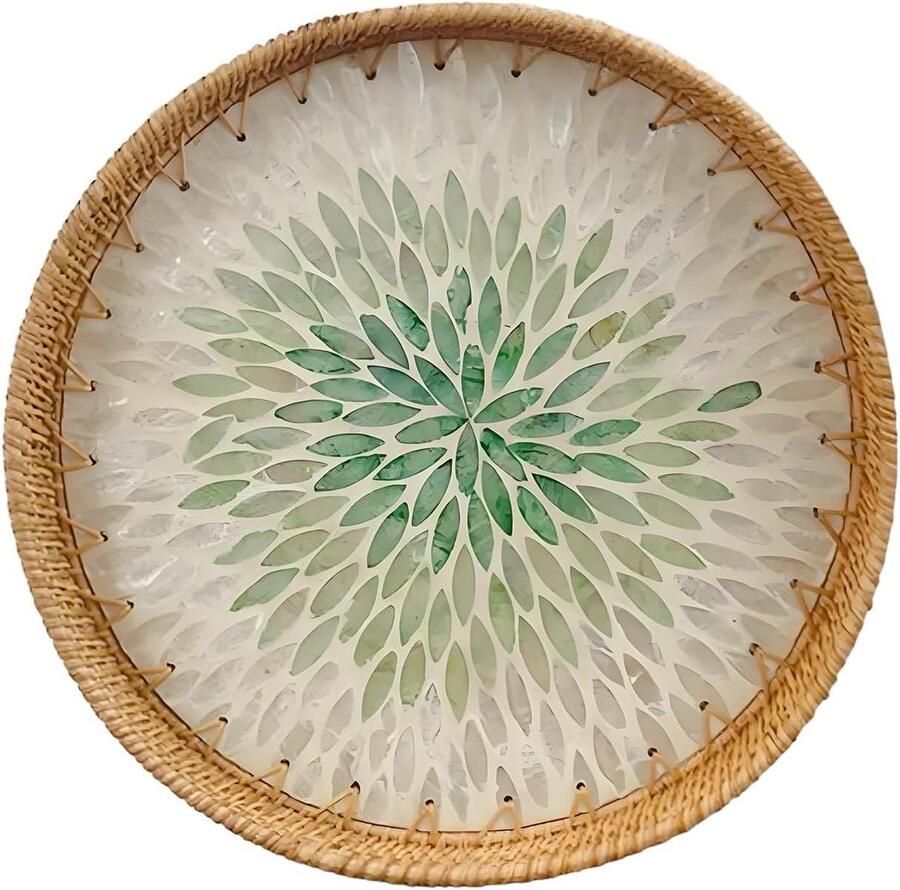 Allecto Premium Handgeweven Rotan Decoratief Dienblad voor Salontafel Modern Boho Design Rond Rotan Dienblad Groen