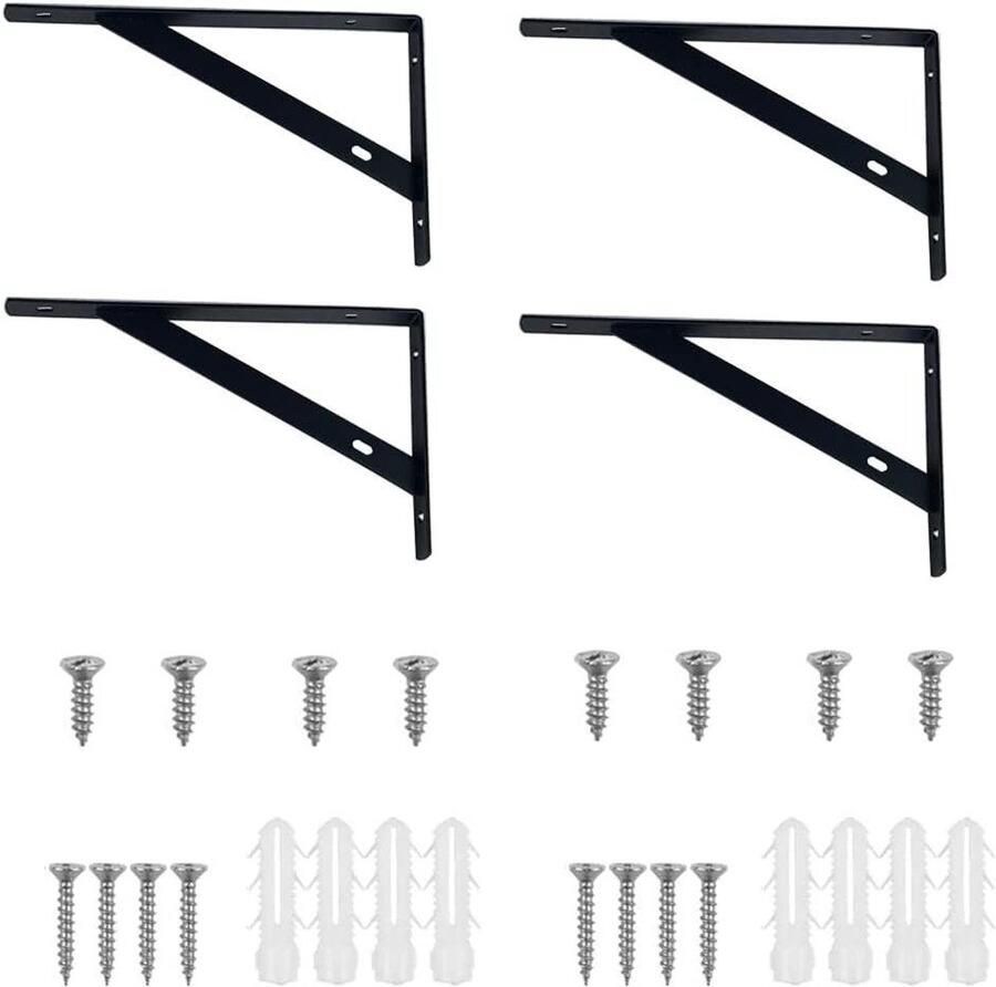 Allecto Premium Hoekplankbeugel Zwart 4 stuks Hoekplank Console Beugel Verwijderbare zware hoekbeugel 90 graden hoek Inclusief schroeven en pluggen