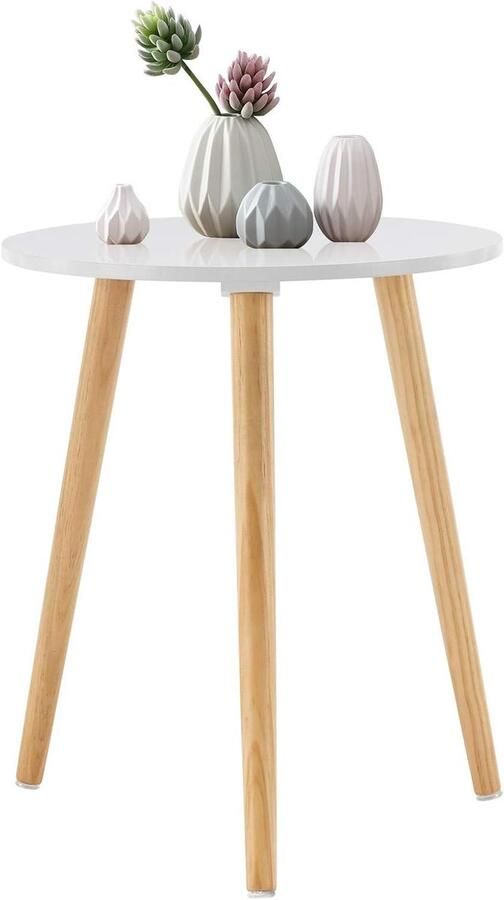 Allecto Premium Houten bijzettafels Ø 42 cm Robuuste ronde salontafel voor woonkamer Nachtkastje en banktafel Bloemenstandaard in wit naturel design